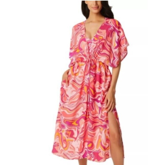 Jessica Simpson - Femme Pink Orange Flutter Sleeve Cover Up Midi Dress Pockets M - Picture 1 of 6